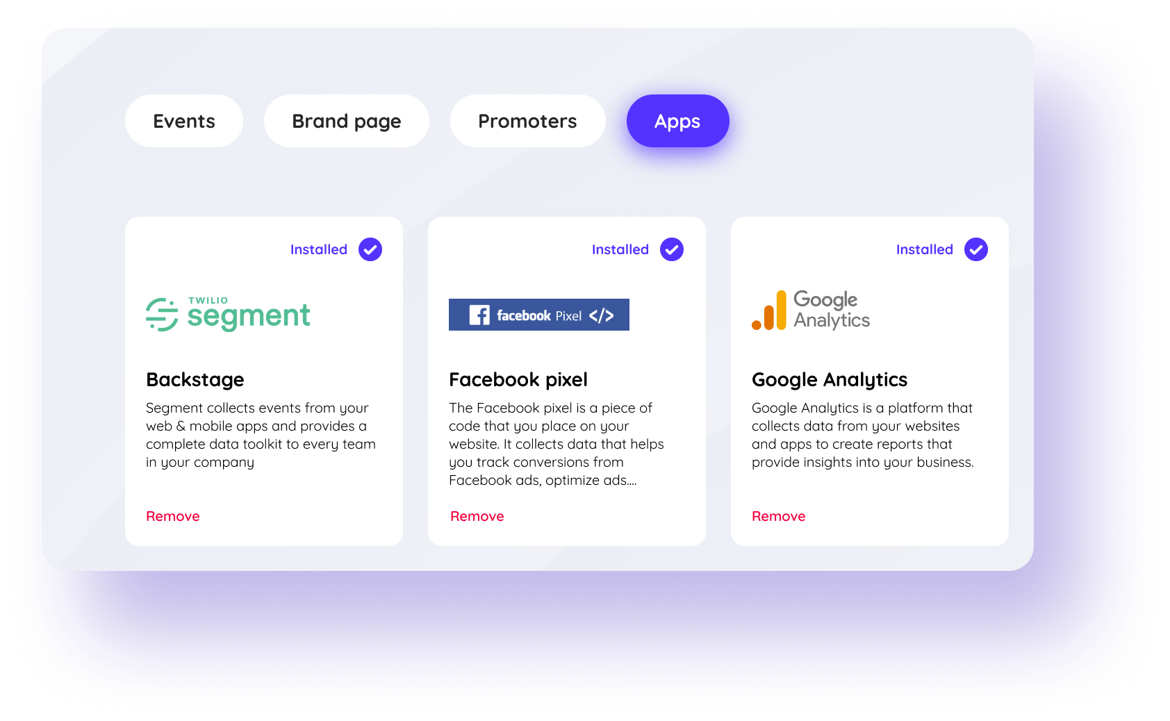 A Cooltix Integrációk oldala Segment, Facebook Pixel és Google Analytics alkalmazásokkal