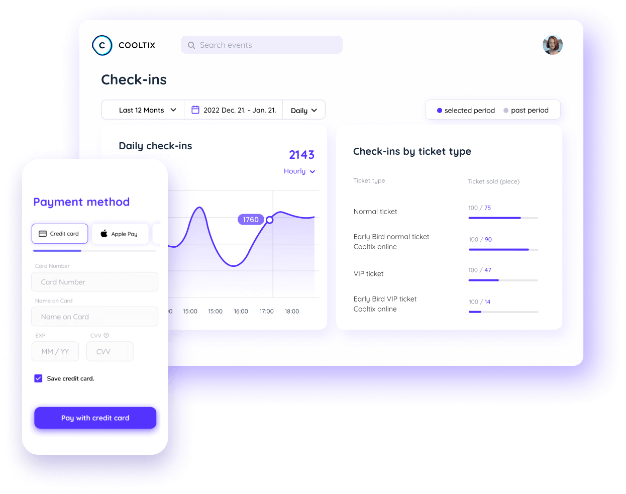 Check-in report and card payment in the Cooltix interface